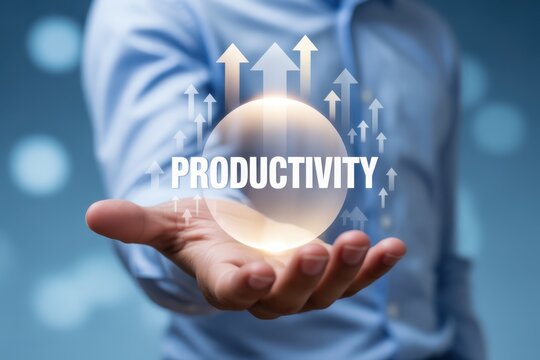 Businessman holding a virtual sphere with productivity text and rising arrows symbolizing corporate performance improvement and business success strategy