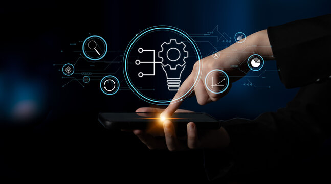 Business innovation and research for process automation. A concept of developing new ideas and technology for strategic growth and market analysis. Motif