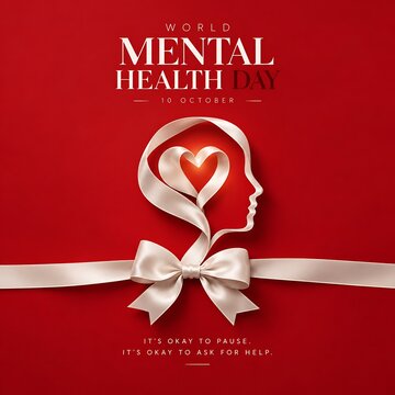 Minimalist concept for world mental health day with a human profile silhouette formed by white ribbons and a red heart awareness wellness