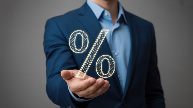 Businessman in a blue suit holding a glowing percentage sign in his open palm, representing financial growth, interest rates, discount, or business profit margins