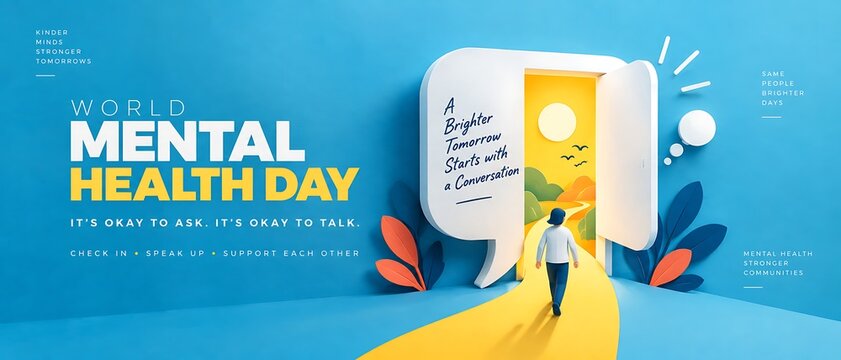 Conceptual illustration for world mental health day featuring a person walking towards an open door symbolic of positive growth