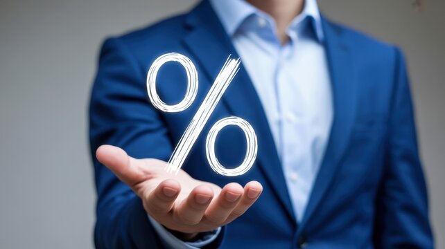 Businessman in a blue suit holding a glowing white percentage sign symbol in his open palm representing financial growth and interest rates in business concept