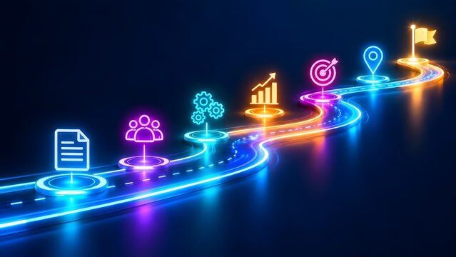 Glowing Winding Business Roadmap Path with Strategy Icons Leading to Success Flag