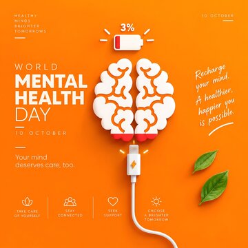 Brain being charged with a cable on an orange background representing mental health recharging and wellness recharge wellness psychology