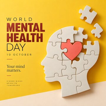 Human head puzzle silhouette with a red heart piece in the center symbolizing mental health and self-care silhouette psychology wellness