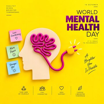 World mental health day concept with abstract human head silhouette and electrical brain cable psychology awareness wellness silhouette