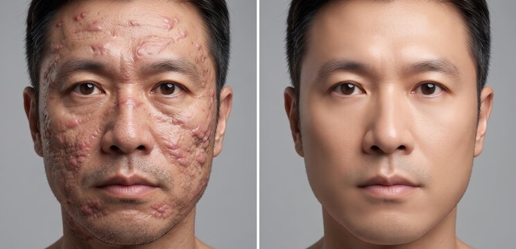 Asian man face before and after severe hypertrophic acne scars and keloid removal treatment