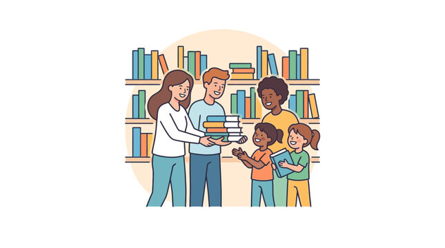 Diverse Group of Happy People and Children Sharing Books in a Library Setting