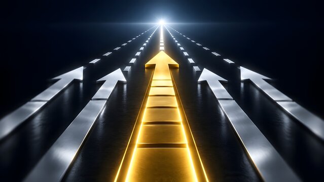 Glowing Golden Arrow Leading Forward Towards Bright Future Concept Among White Arrows