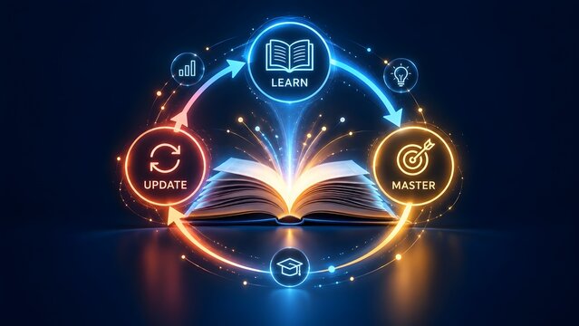 Continuous Learning Cycle Concept with Learn Master Update Stages Orbiting an Open Book