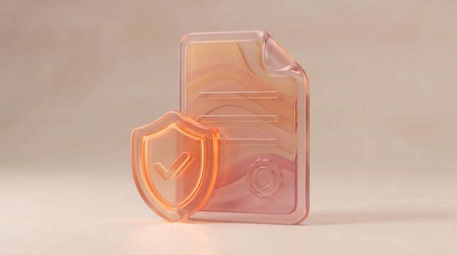 Document contract safety shield icon illustration featuring translucent glass material with smooth glossy texture