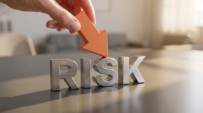 Hand placing vibrant orange arrow pointing downward onto shiny metallic letters spelling risk during business concept presentation