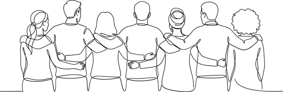 A diverse group of people standing side by side with their arms around each others shoulders.