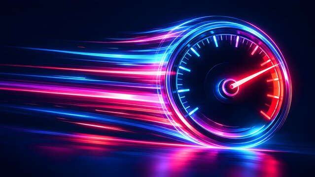 Fast motion glowing neon stopwatch with pink and blue light trails for high speed deadline concepts