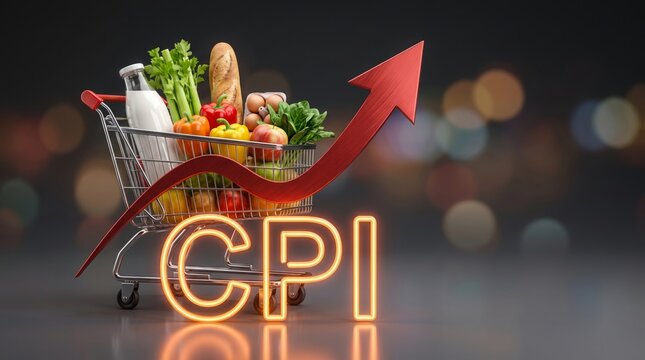 Metal shopping cart filled with fresh grocery items beside a glowing red inflation arrow chart symbol
