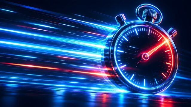 High speed neon glowing stopwatch moving fast with light trails representing time management efficiency