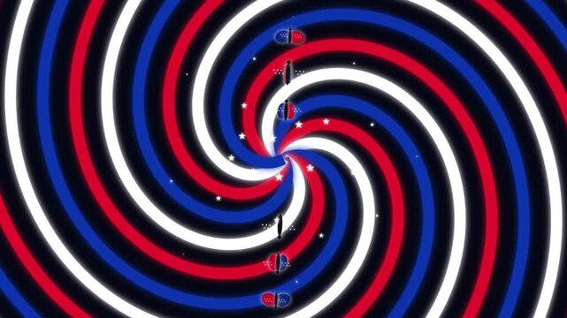 Hypnotic spiral barber pole motion background, red white blue rotating optical illusion loop, psychedelic spiral video motion graphics