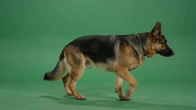 German shepherd dog standing alert against solid green chroma key background in professional video studio shoot