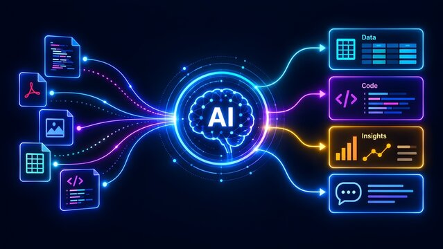 Multimodal AI processing brain categorizing various digital file types into structured code and insights
