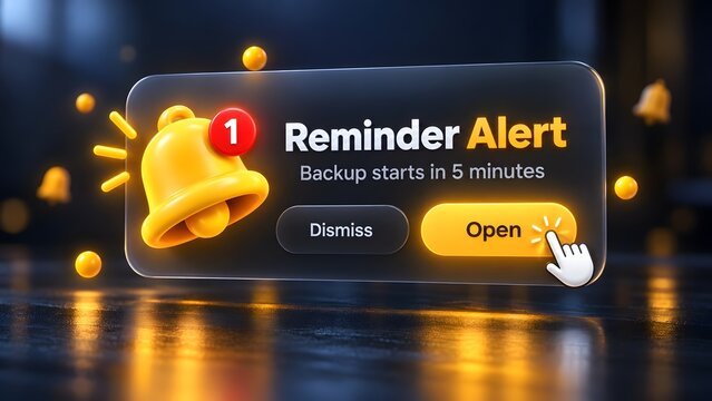 3D glassmorphism pop up UI design for reminder alert notification bell with backup starts in five minutes text and click cursor.