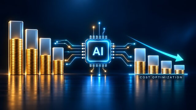 Artificial intelligence AI technology driving business cost optimization and financial efficiency with decreasing chart and gold coins.