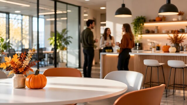 Colleagues Networking in Office Break Room with Autumn Decor