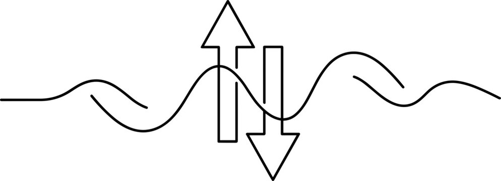 A line drawing depicting a wave intersected by two vertical arrows pointing in opposite directions.