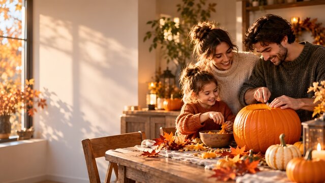 Family Carving Pumpkins Together for Halloween