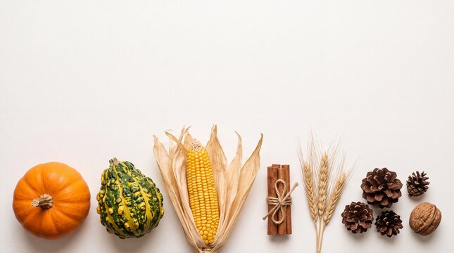 Flat Lay Composition of Autumn Harvest Vegetables and Natural Seasonal Decor on a Minimalist White Background for Thanksgiving