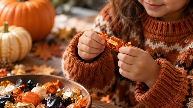 Child Opening Festive Halloween Candy at Home