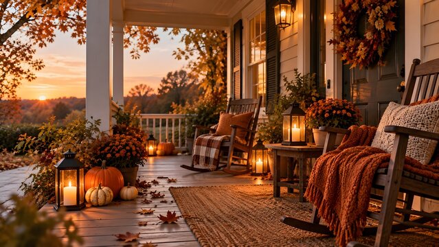 Cozy Autumn Porch at Sunset