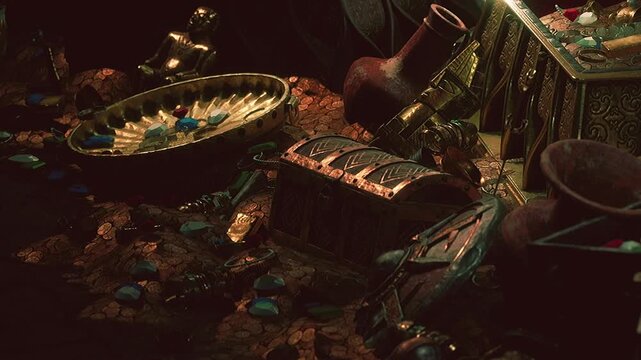 A treasure chest is open and filled with colorful gems and gold coins. Objects like pots and small figures are scattered around in a dimly lit room.