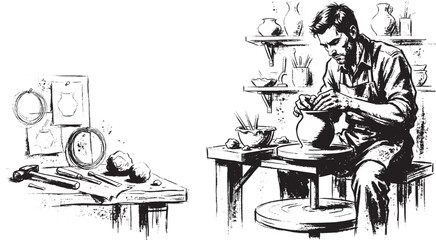 Fototapeta premium Black and white ink of a male potter working on a spinning wheel in a workshop with clay pots, tools, and on the wall