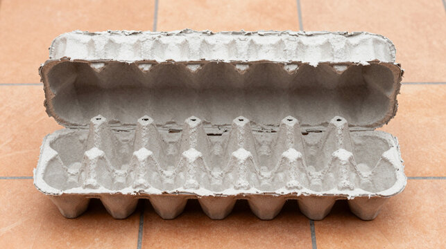 Open empty paper pulp egg carton box on a textured tile surface