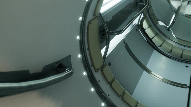 The interior of a space capsule is shown. The design includes curved walls and several seats arranged in a row. Bright lights line the walls, adding to the futuristic look.