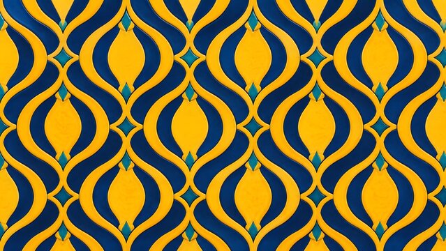 Intricate geometric pattern with repeating wavy shapes in vibrant yellow deep blue and teal accents creating a sense of depth and visual rhythm.