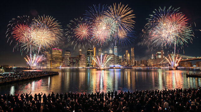 Spectacular fireworks exploding over a modern city skyline at night representing festive holiday celebrations perfect for event planning