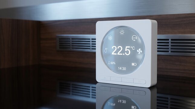 Modern white smart home thermostat displaying temperature settings on a clean digital touch screen interface panel device