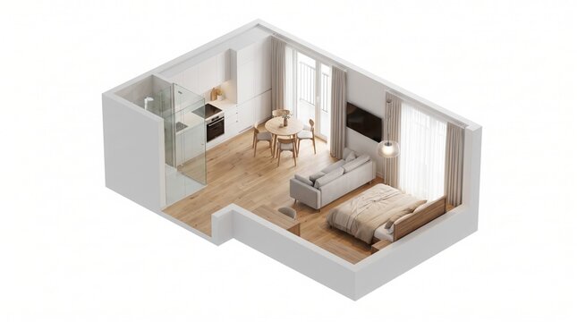 Modern architectural cutaway apartment showing minimalist kitchen, comfortable living area, cozy bedroom, and sleek glass shower enclosure