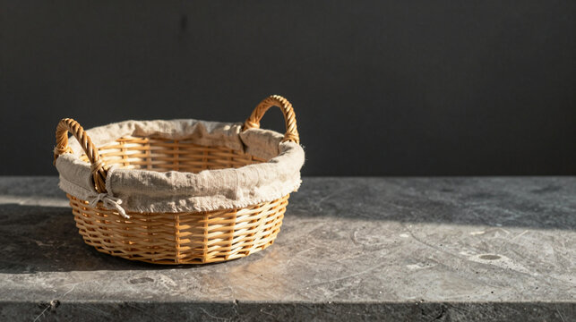 Empty wicker basket with a linen cloth lining on a dark stone surface