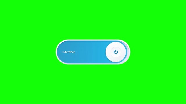 Blue power toggle switch turning active on green screen video footage background
