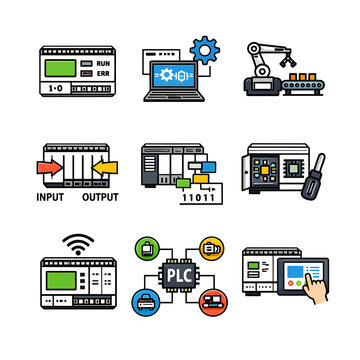 A set of colorful vector icons illustrates various programmable logic controller and.