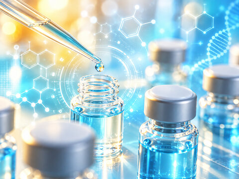 AI generated laboratory pipette dispensing liquid into sample vials molecular chemistry DNA graphics for biotechnology research pharmaceutical testing scientific innovation