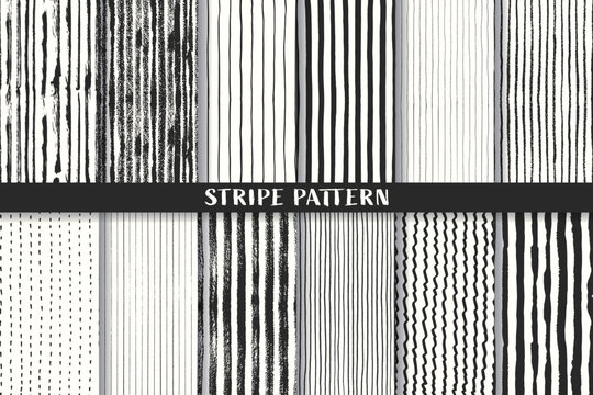 手描き風のストライプパターンセット／モノクロの縞模様