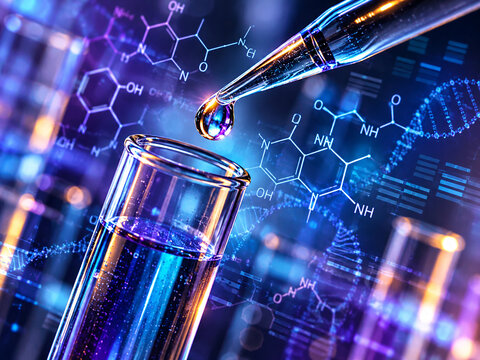 AI generated laboratory pipette test tube molecular formulas DNA graphics for biotechnology chemistry research pharmaceutical testing diagnostics scientific innovation