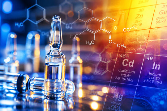 AI generated laboratory ampoules molecular formulas periodic table elements for pharmaceutical chemistry research biotechnology analysis medicine testing scientific innovation