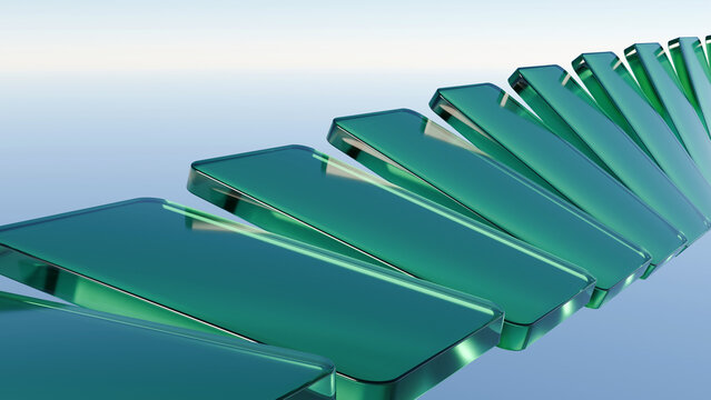 3D abstract green glass plates arrangement background. Ideal for modern tech presentations, financial infographics, business headers, and web banners