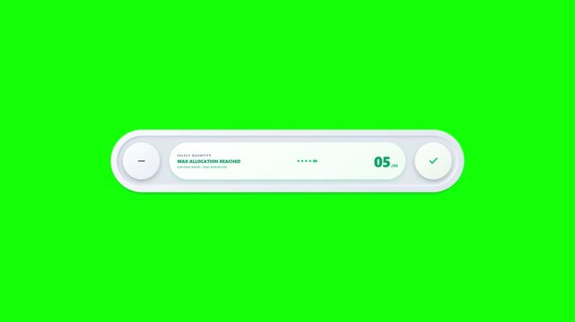 Interactive quantity selector user interface widget animation with neomorphic design elements on green screen video footage