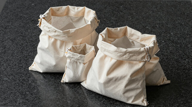 Group of open organic cotton drawstring bags in various sizes on a dark granite countertop