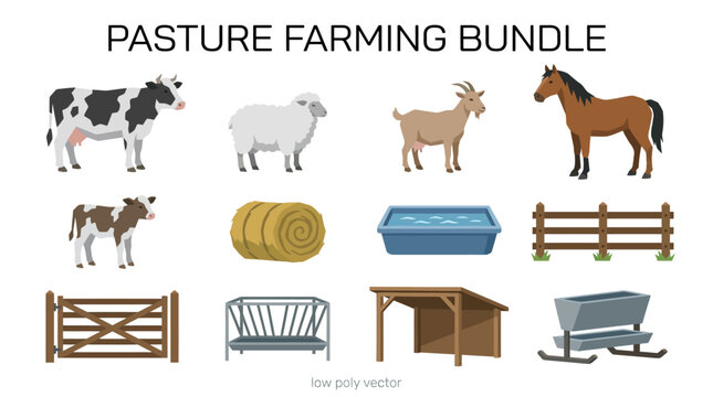 Pasture farming bundle featuring livestock animals including cow sheep goat horse and equipment